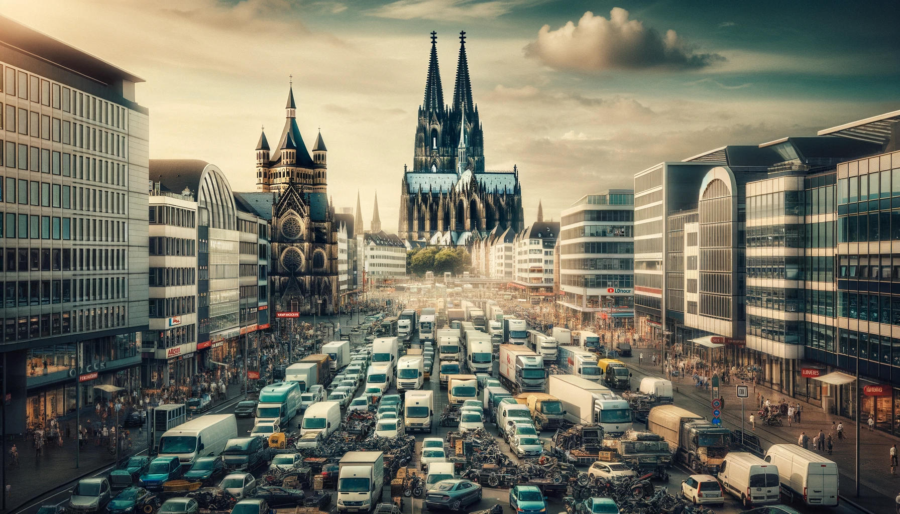 Stadtbild von Köln mit dem Kölner Dom im Hintergrund und einer Vielfalt an Fahrzeugen, darunter einige mit sichtbaren Motorschäden, auf einer belebten Straße. Die Szene vermittelt eine geschäftige Atmosphäre, die für eine Stadt mit blühendem Automobilhandel typisch ist.