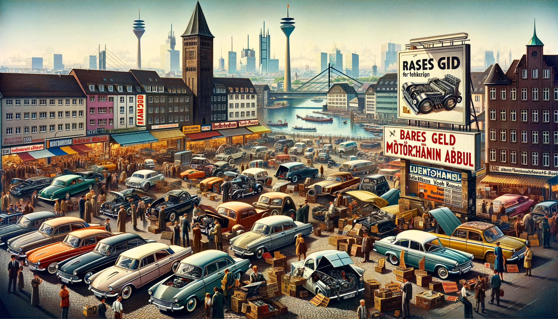 Das Bild zeigt einen lebhaften Automarktplatz in Düsseldorf, Deutschland, auf dem verschiedene Autos mit Motorschäden zum Verkauf ausgestellt sind. Im Vordergrund ist ein auffälliges Plakat zu sehen, das "Bares Geld für Ihren Motorschaden Ankauf" bewirbt, was auf einen Markt für den Ankauf beschädigter Fahrzeuge hinweist. Im Hintergrund ist die Skyline von Düsseldorf mit markanten Wahrzeichen wie dem Rheinturm zu erkennen. Die Szene ist belebt, mit Menschen, die Autos inspizieren und Geschäfte verhandeln