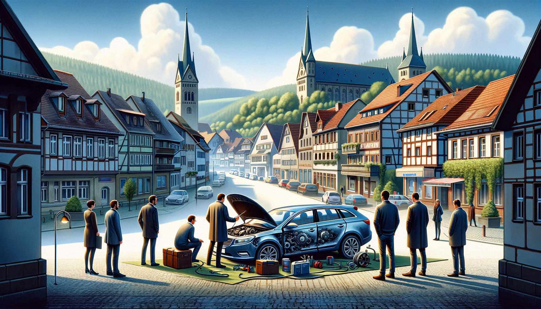 Panoramaansicht von Bergisch Gladbach mit einem Auto mit Motorschaden im Vordergrund, umgeben von diversen Personen bei der Begutachtung, symbolisch für den Verkauf beschädigter Fahrzeuge in der Region.