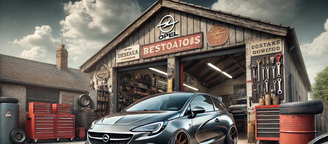 Ein realistisches Bild eines umgebauten Opel Corsa, der vor einer Reparaturwerkstatt geparkt ist. Das Auto ist mit sportlichen Merkmalen modifiziert