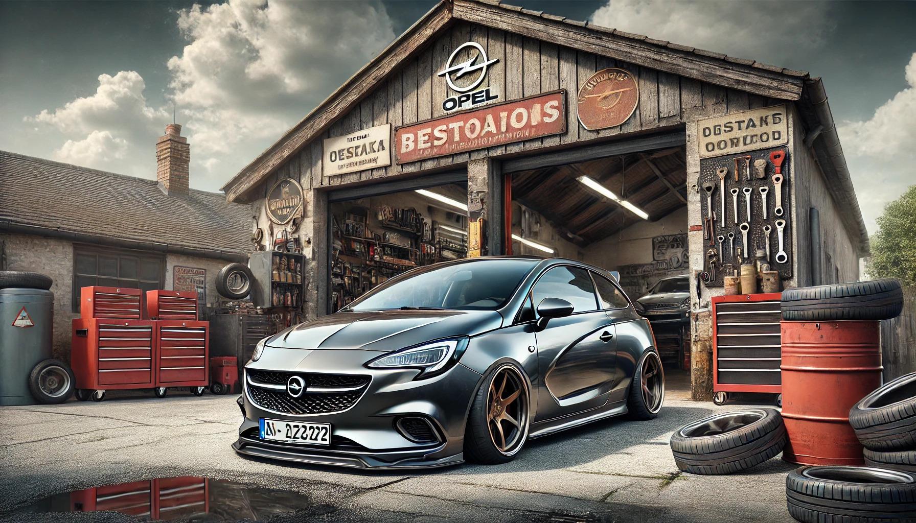 Ein realistisches Bild eines umgebauten Opel Corsa, der vor einer Reparaturwerkstatt geparkt ist. Das Auto ist mit sportlichen Merkmalen modifiziert