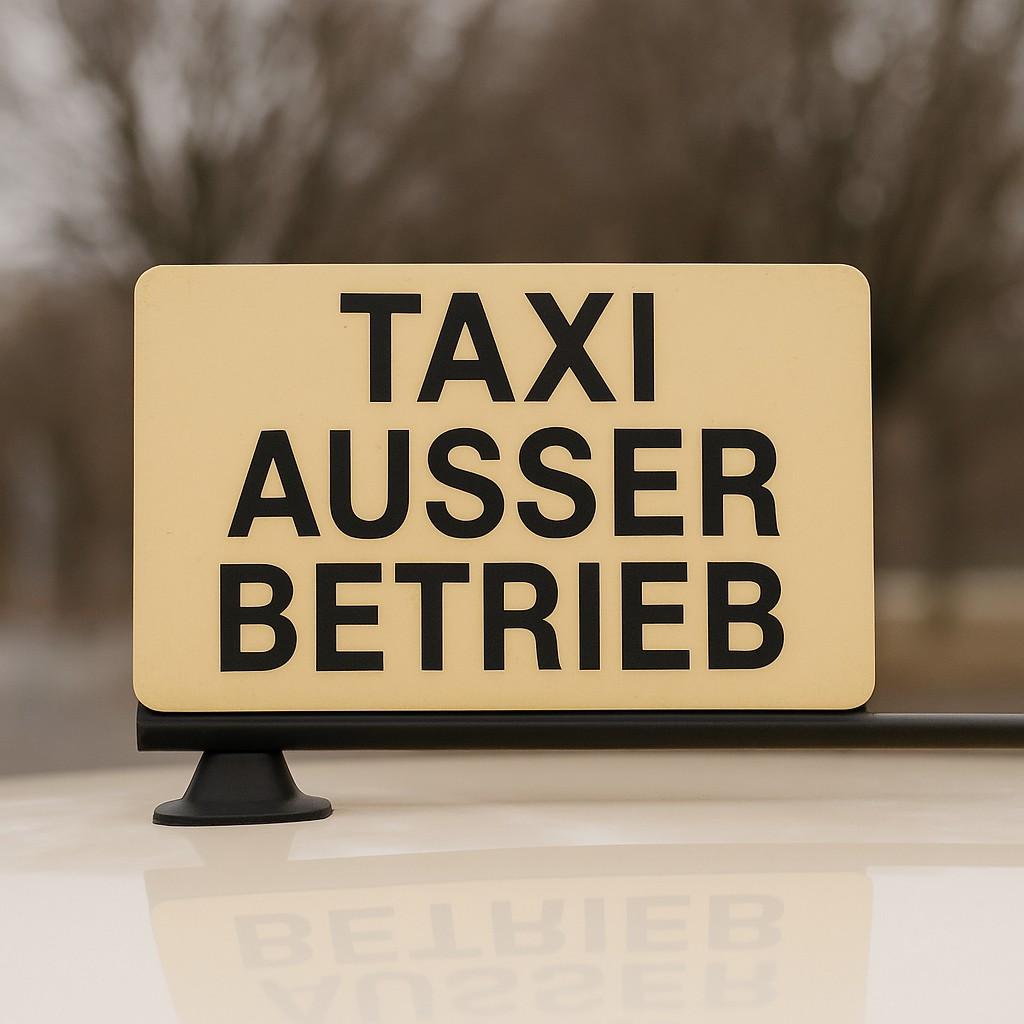 „Taxi außer Betrieb“-Schild auf Taxidach – Symbolbild für defekte oder stillgelegte Taxis vor dem Verkauf.
