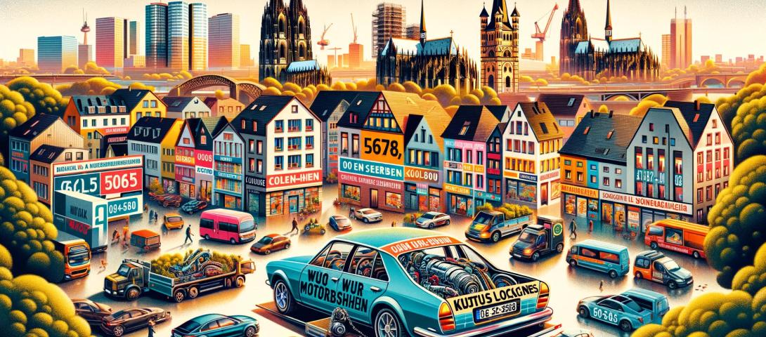 Werbebild für einen Autoankauf-Service in Köln, Deutschland, mit einer Collage, die die Kölner Skyline, darunter der Kölner Dom und der Hauptbahnhof, und verschiedene Stadtteilszenen umfasst. Dargestellt sind Autos mit Motorschäden in den Postleitzahlbereichen 50667 bis 50931, die symbolisch für die Reichweite des Dienstes in ganz Köln stehen.