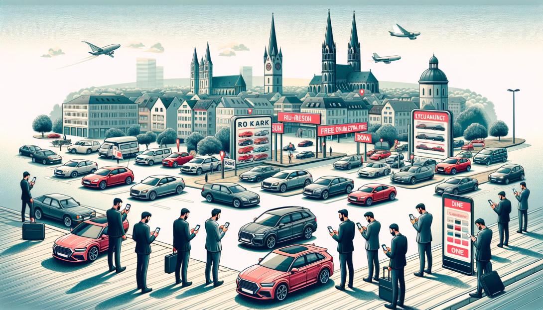 Es zeigt eine panoramische Ansicht von Bonn mit Menschen, die Smartphones und Laptops für die Online-Autobewertung verwenden, und verschiedenen Autos zum Verkauf